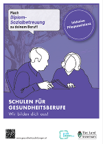 Werbeplakat für Ausbildungen im Gesundheitsbereich mit zwei Personen beim Schreiben. Aufforderung: "Schulen für Gesundheitsberufe. Wir bilden dich aus!"