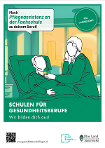 Werbeplakat für Gesundheitsberufe: Darstellung einer Auszubildenden in Interaktion mit einer älteren Person.