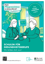 Werbeplakat für Gesundheitsberufe: Person betätigt medizinisches Gerät an Patient/in. Fokus auf Ausbildungsangebot.