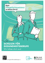 Werbeplakat für Ausbildung in Gesundheitsberufen mit Illustration von zwei Personen. QR-Code und Website-Adresse vorhanden.