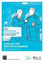 Werbung für Gesundheitsberufe: Mitarbeitende in medizinischer Kleidung stehen vor einem blauen Hintergrund.